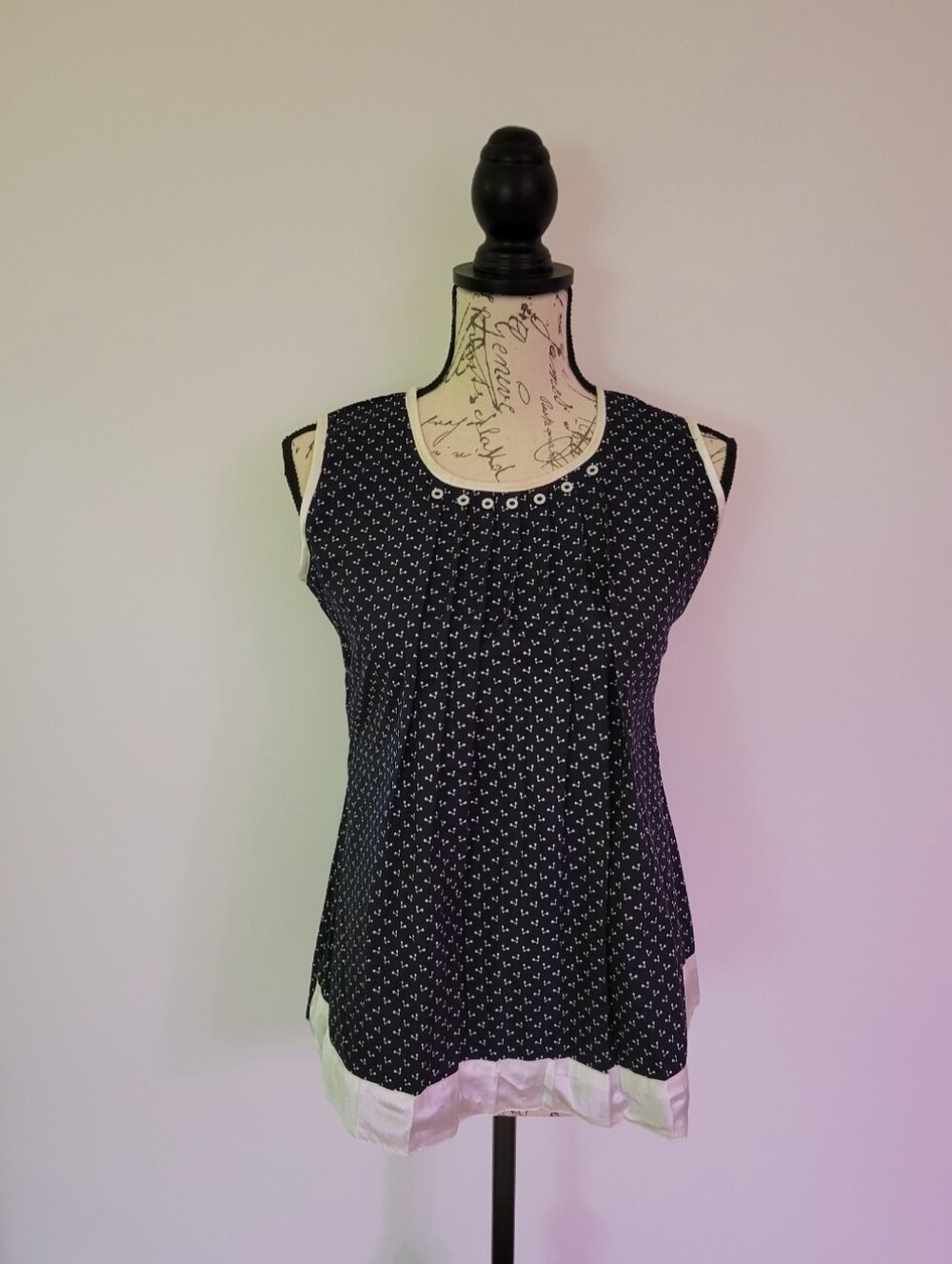 Vintage Navy Sleeveless Camisole with White Hem And White Cherry Print